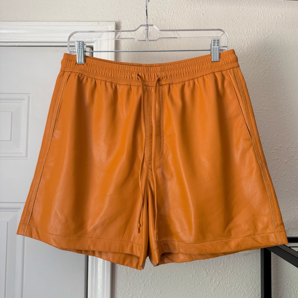 NANUSHKA pumpkin orange pu faux leather pleather elastic‎ waist high rise shorts